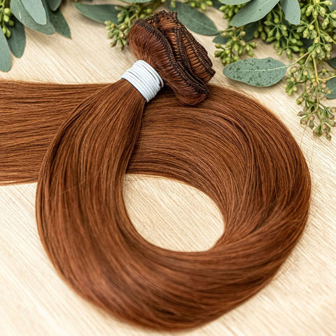 SAFFRON CLIP IN Saffron clip-in hair extensions are 22 inches in length and made of a gorgeous weft of vivid warm copper level 6. They provide instant density and length when applied to the hair.These clip-in extensions can be customized in terms of place