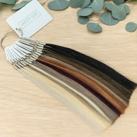 WEST IVIE COLOR BLENDING SWATCH Our custom color blending swatch allows you to compare different shades and tones, ensuring a seamless and natural blend with your guests' hair. With a wide range of colors available, you can find the perfect match for any