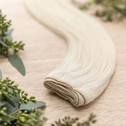 WILLOW MACHINE WEFT 50g Willow machine weft is a 22" weft featuring natural-toned level 10 warm platinum blonde. These machine wefts offer the highest weft density, along with the flexibility to be custom sized, colored, and cut according to your preferen