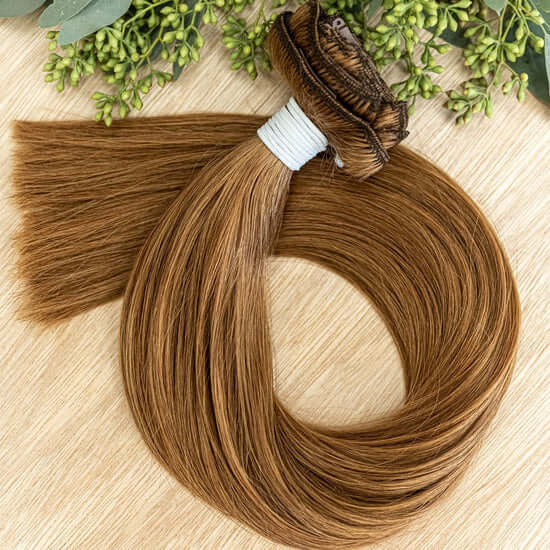 30 INCH CUSTOM CLIP IN CLIP IN HAIR EXTENSIONS GIVE INSTANT DENSITY & LENGTH CUSTOMIZABLE IN PLACEMENT & COLORING, PRE-ROOTED OPTIONS ARE AVAILABLE OUR CUSTOM CLIP IN EXTENSIONS ARE 30" IN LENGTH AND HAVE 7 TOTAL PIECES 1 PIECE- 10" WIDE 1 PIECE- 6" WIDE